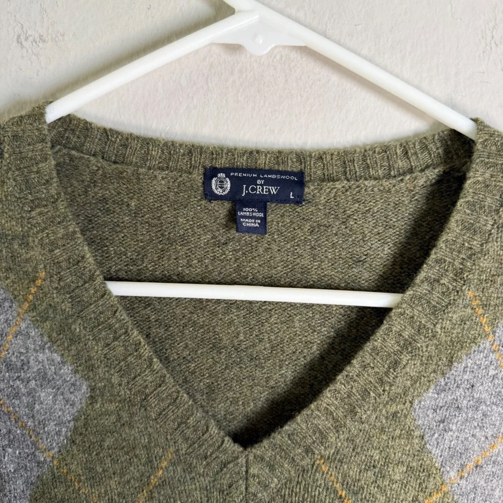 J.Crew Mens Lambswool Argyle V-Neck Sweater‎ Olive Green Grey Large L
